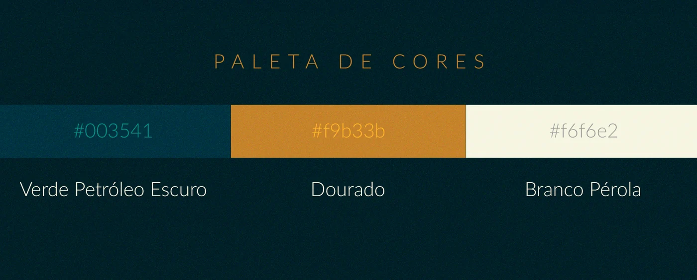 Paleta do projeto com verde petróleo escuro, dourado e branco pérola
