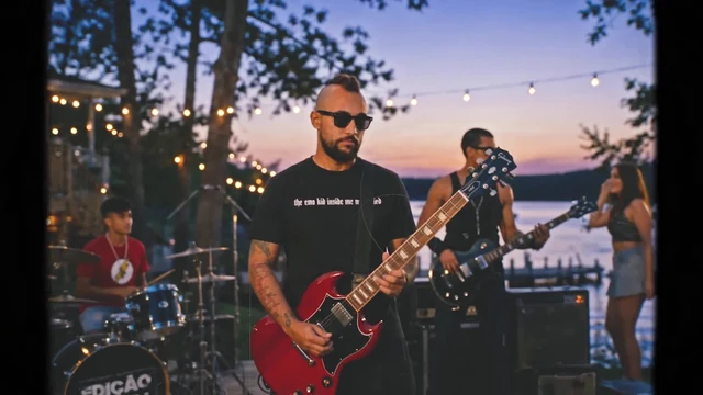 Banda tocando no deck já de noite
