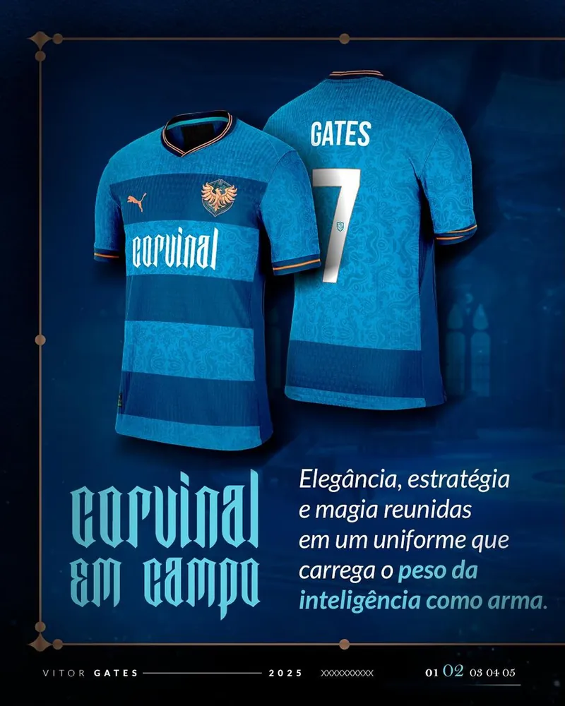 Uniforme conceitual da Corvinal em azul e bronze, frente e costas