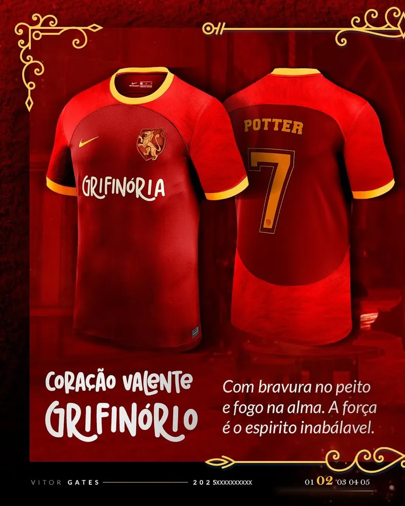 Uniforme conceitual da Grifinória em vermelho e dourado, frente e costas