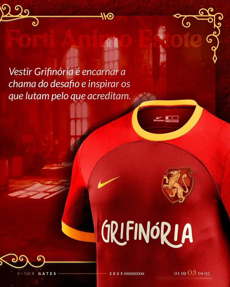 Detalhe do peito da camisa da Grifinória com o lettering em pincel