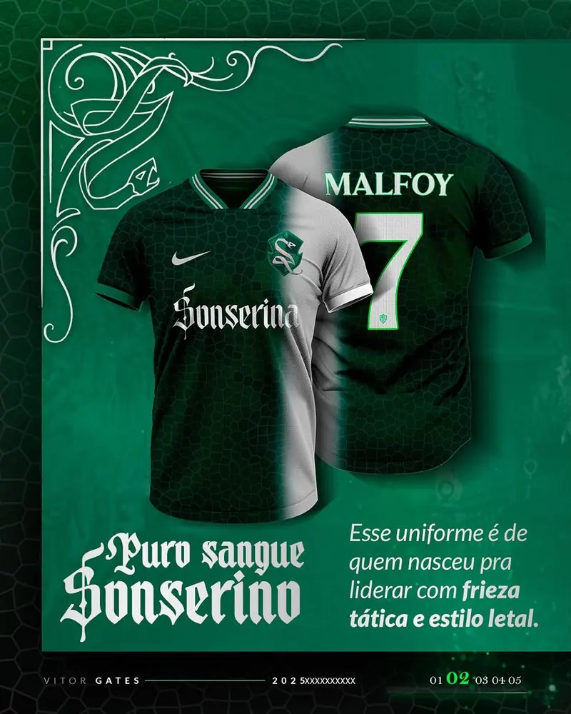 Uniforme conceitual da Sonserina em verde e prata, frente e costas
