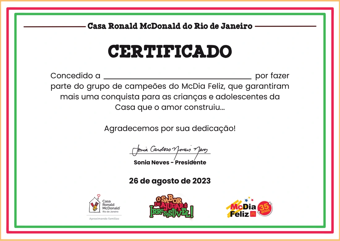 Certificado de agradecimento aos apoiadores