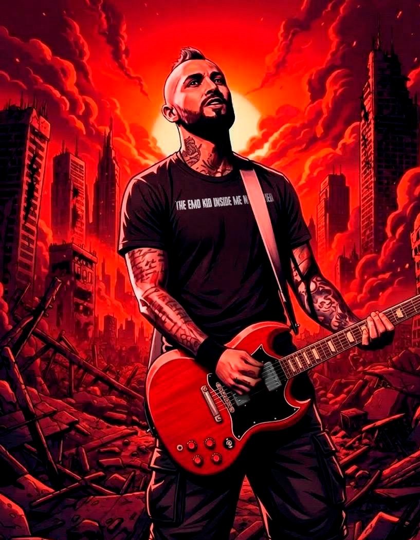 Vitor com guitarra em cenário urbano apocalíptico